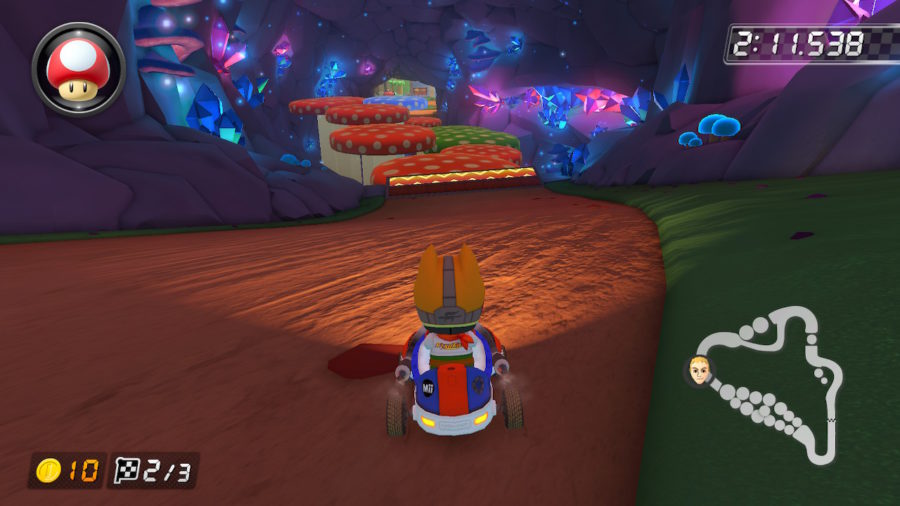 Parte de dentro do túnel de Wii Mushroom Gorge, com vários cogumelos gigantes onde o corredor pula ao encostar.