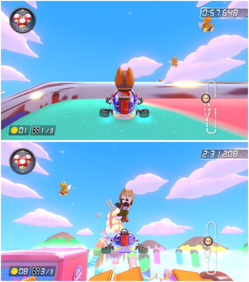 Colagem de duas imagens; na de cima, o momento anterior a um salto; em baixo, um momento posterior; não se vê o chão onde o kart aterrissará.